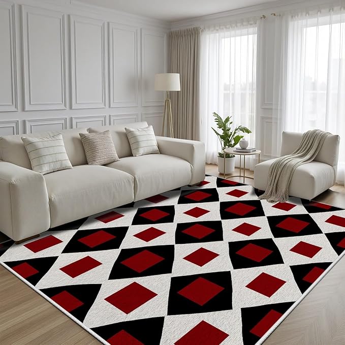 Plaid Rug 3x4, Vintage Geometric Soft Ultra Soft Faux Wool Low Pile Rug, Indoor Floor Mats Carpet, Non-Slip Stain Resistant Washable Rugs, Modern Red Rugs for Living Room Home Office Decor