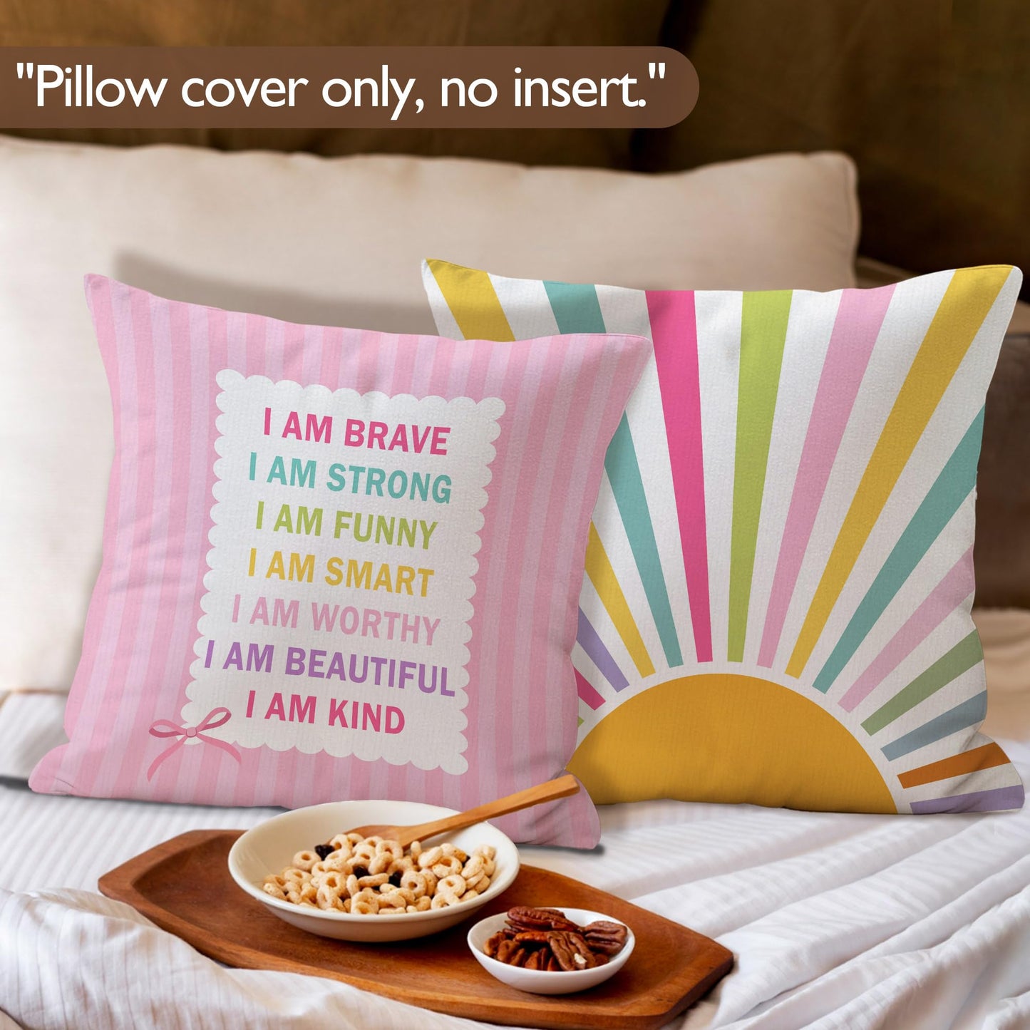 Lengues Funny Boho Nursery Pillow Covers 18x18 inches, Kids Playroom Decor Throw Pillow Covers, Inspirational Alphabet Sunshine Decorative Pillowcases for Kids Girls Room Bedroom Couch, Set of 4