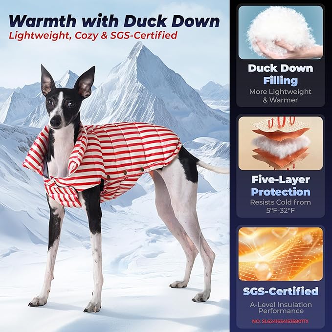 SPACE LION Dog Puffer Jacket, Down Winter Coat, Durable Outdoor Coat for Cold and Windy Conditions, Lightweight & Adjustable Fit Coats for Medium & Large Dogs, (RedStripe, Size 16 Gift Box)