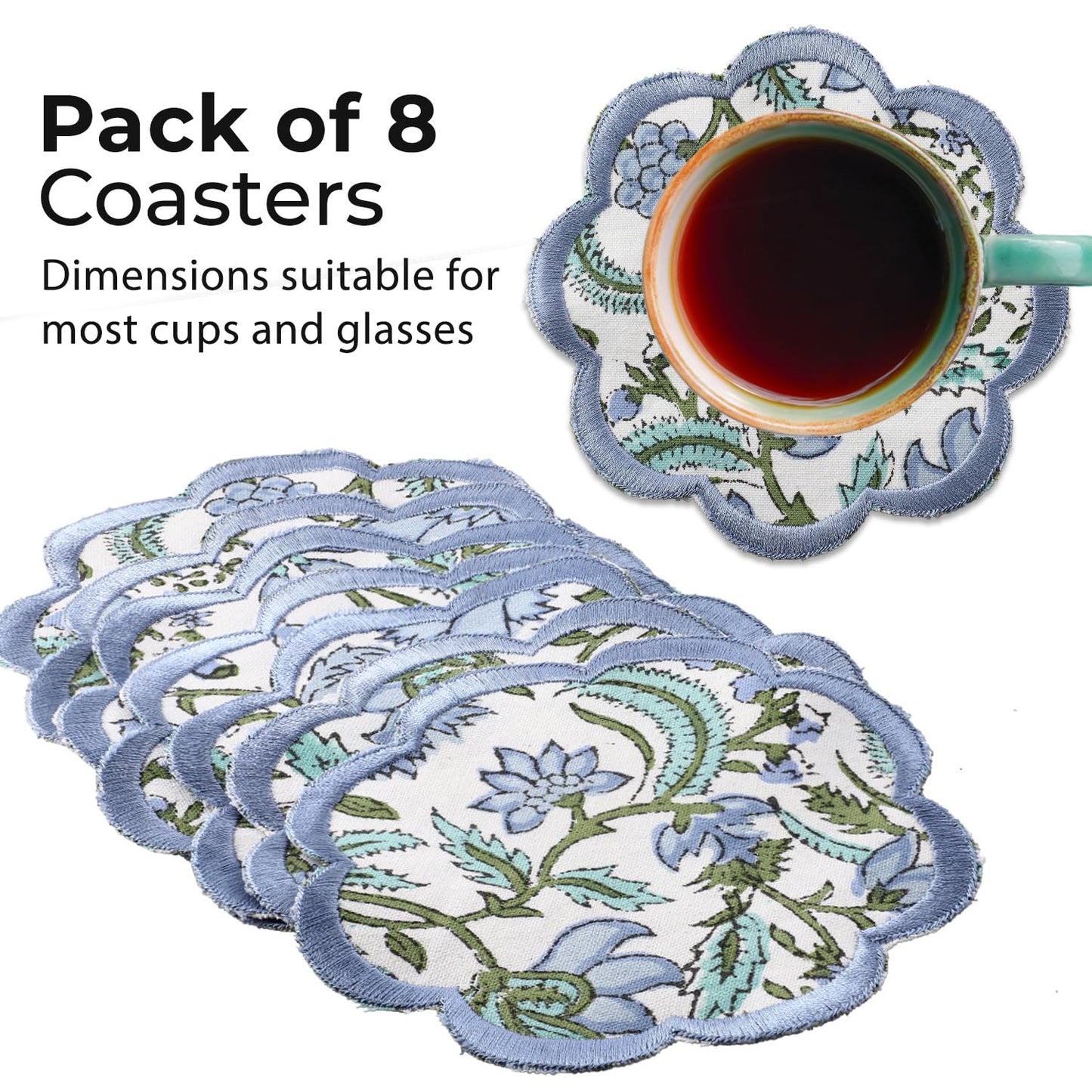 Ridhi Hand Block Print 8- pcs Canvas Cotton Drink Absorbent Stylish Embroidery Scallop Coaster Set Boho Modern Home Decor and Wooden Table Protection 5 inch Columbia Blue