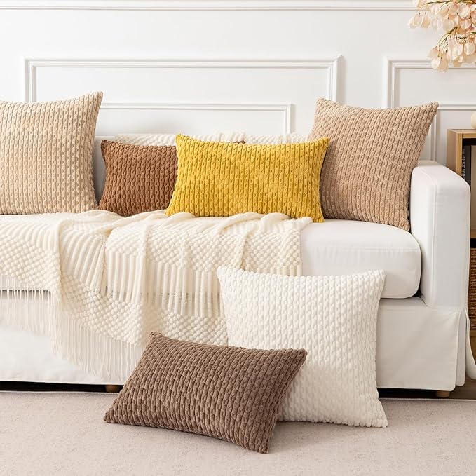 Kevin Textile Throw Pillow Covers Soft Corduroy Decorative Set of 2 Boho Striped Pillow Covers Pillowcases Farmhouse Home Decor for Couch Bed Sofa Living Room 18x18 Inch Mustard Yellow