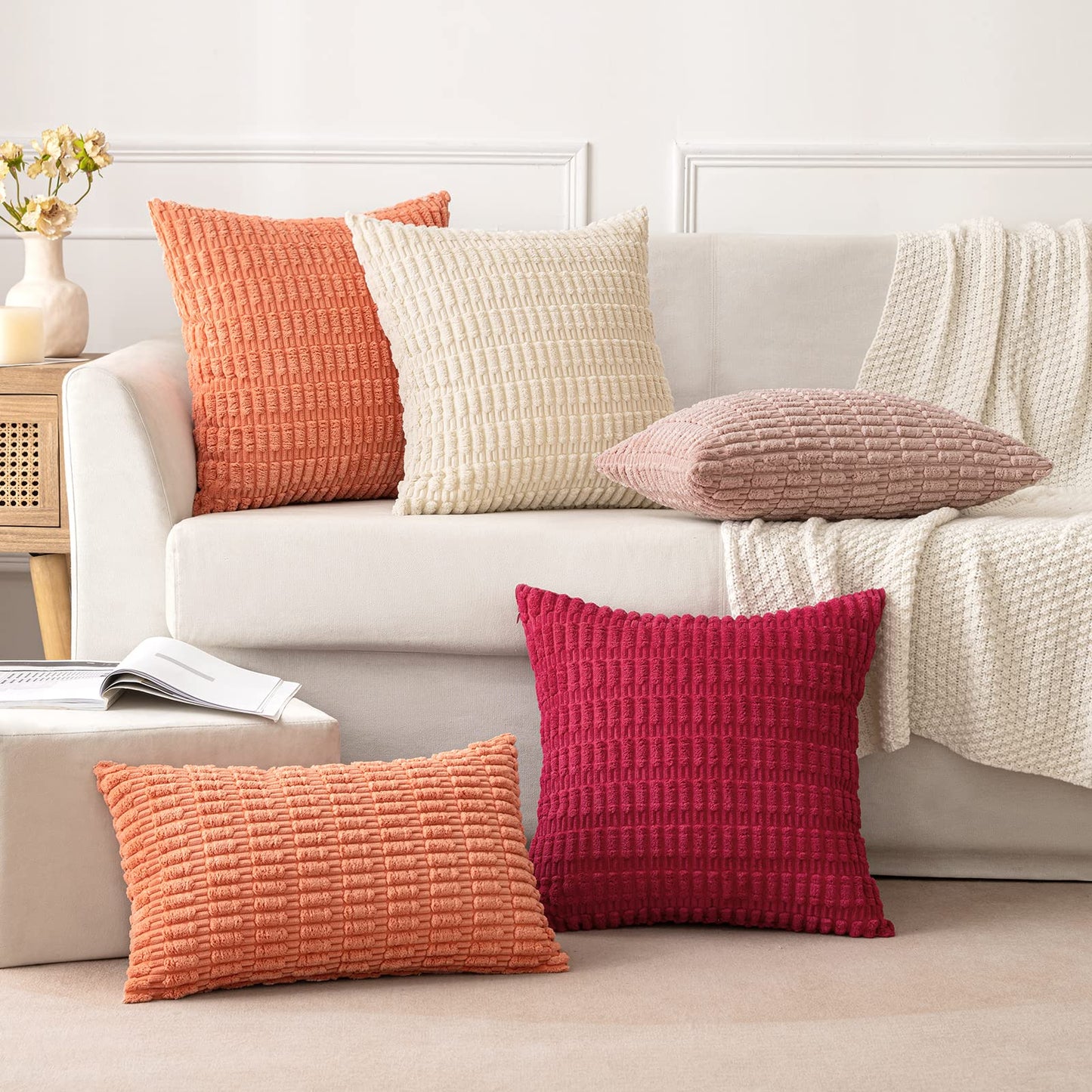 MIULEE Pack of 2 Corduroy Decorative Throw Pillow Covers 20x20 Inch Soft Boho Striped Pillow Covers Modern Farmhouse Home Decor for Summer Sofa Living Room Couch Bed Coral