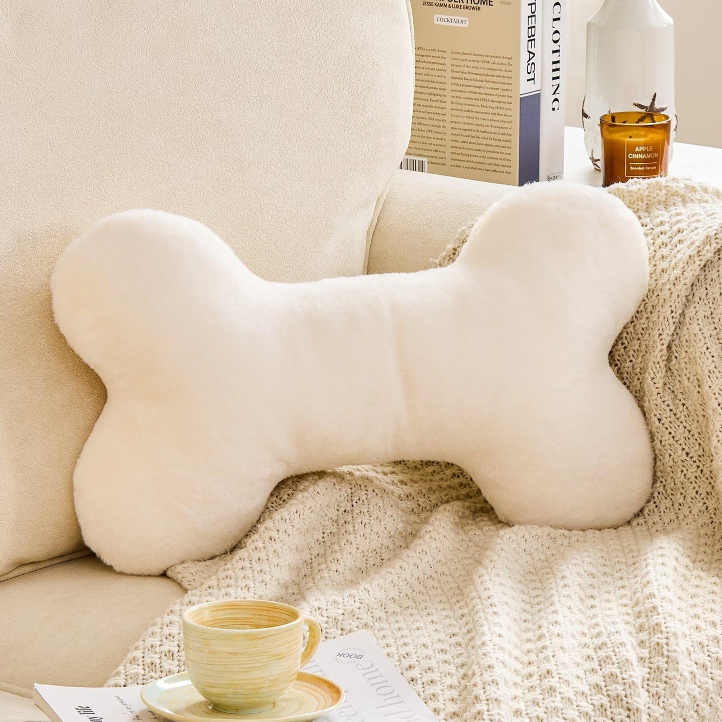 XVTRU Bone Pillow Cute Decorative Throw Pillow Bone Shaped Pillows for Aesthetic Home Decorative Cushion Pet Plush Pillow for Bed Sofa Couch (Ivory, 15 Inch)