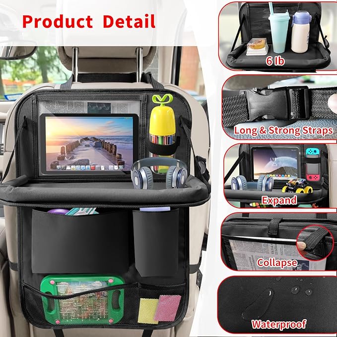 Etre Jeune Car Backseat Organizer with Tablet Holder, 6 Storage Pockets Seat Back Protector with Foldable Tray, Kick Mats Back Seat Cover for Kids Toddlers, Travel Accessories, 1 Pc