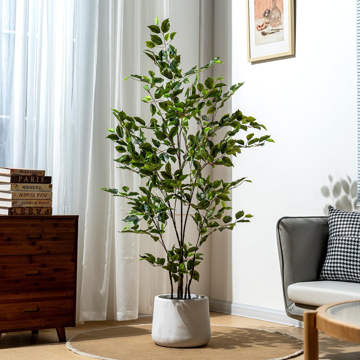 Bailikang Artificial Ficus Tree Indoor 5ft, Large Potted Faux Tree with Realistic Silk Leaves & Trunk for Home Office, Living Room Corner Decor