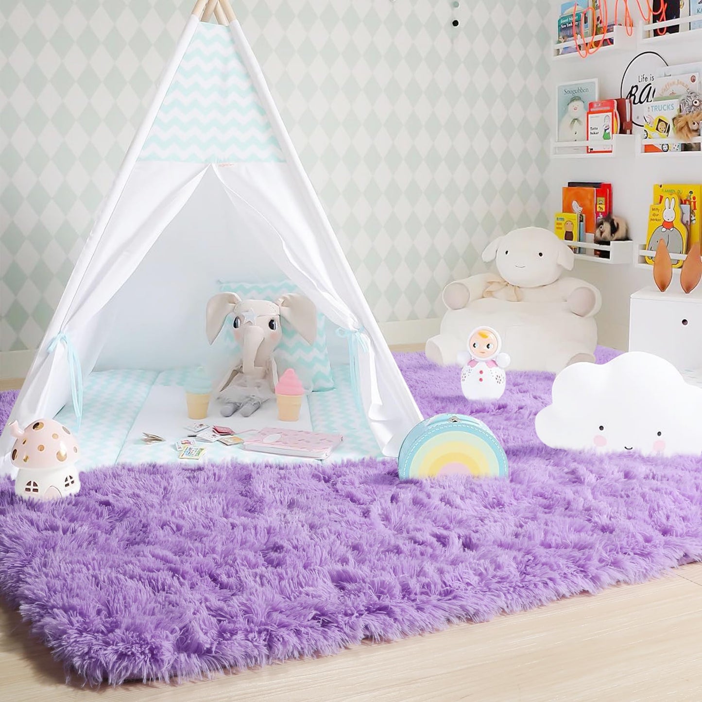 Purple Rugs for Bedroom Girls Room Decor Aesthetic, Cute Fluffy Shag Lavender Area Rug 4x6 for Living Room Dorm Classroom Nursery, Furry Plush Fuzzy Soft Throw Lilac Carpet for Kids, Baby, Teen