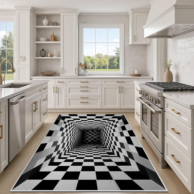 Optical Illusion Rug - Black and White Rug for Living Room, Soft Ultra Soft Faux Wool 3x5 Area Rugs Floor Mats, Non Slip&Non-Shedding Low Pile Checkered Washable Rugs, Abstract Geometric Carpet