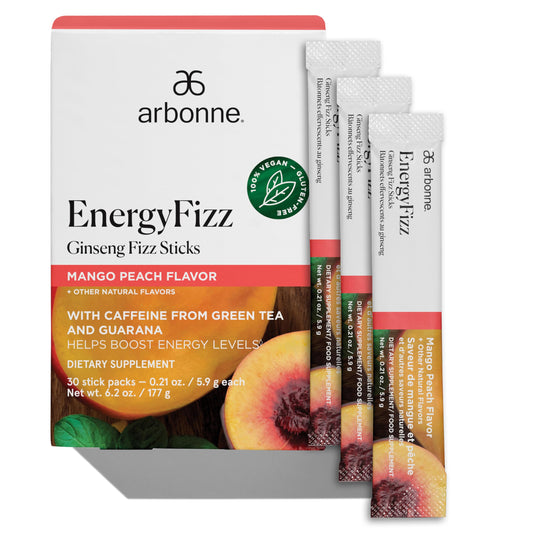 Arbonne Ginseng Energy Supplements - Peach Mango Flavor Fizz Sticks, Energy Boost with Caffeine Powder from Guarana and Green Tea, Delicious Alternative to Caffeine Pills