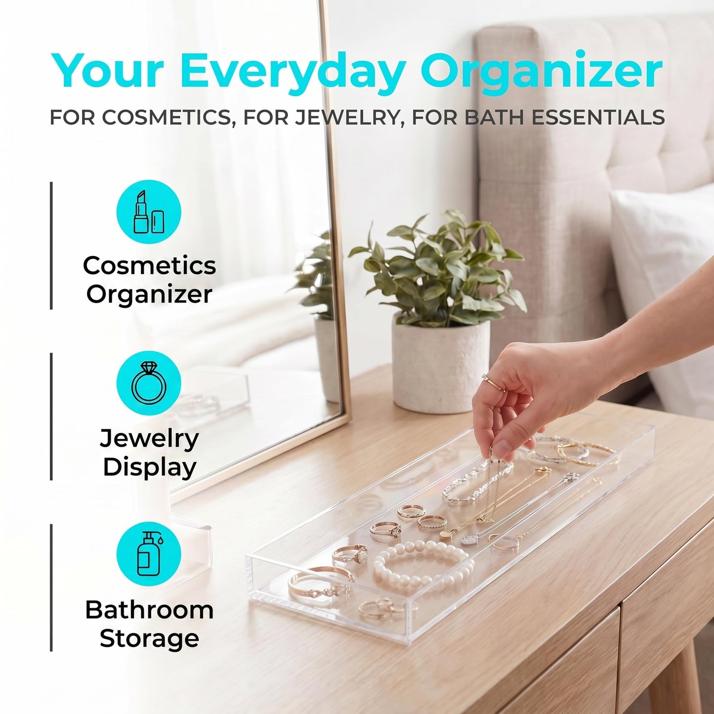 Peohud 3 Pack Acrylic Bathroom Trays, Clear Vanity Tray for Toilet Tank, Decorative Countertop Organizer for Perfume, Makeup, Cosmetics, Jewelry, Soap, Candle, Plant, 12 x 5.1 x 1.2 Inches