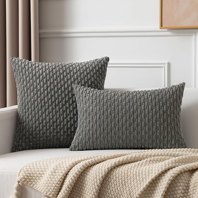 Kevin Textile Pack of 2 Corduroy Decorative Throw Pillow Covers 22x22 Inch Soft Boho Striped Pillow Covers Modern Farmhouse Home Decor for Spring Sofa Living Room Couch Bed Dark Grey