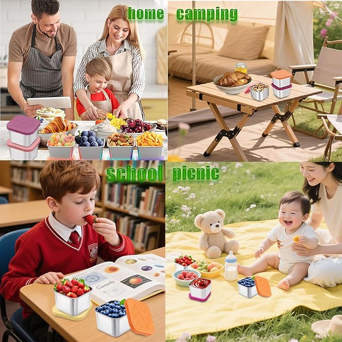 sagact 304 Premium Stainless Steel Snack Containers with Silicone Lids, Snackle Box Containers, Easy-Open Leak-Proof Kids for Taking Out for a Picnic, Lunch Box and Travel. (All-6, 6 OZ)