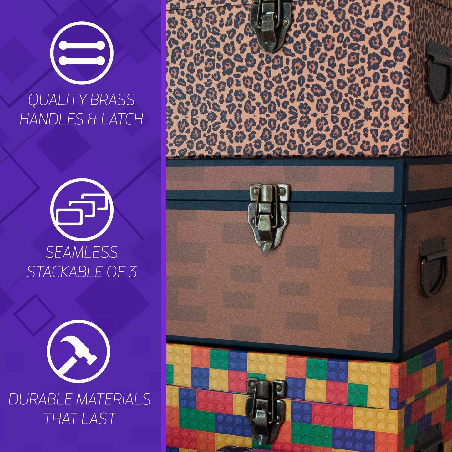 Blue Orchards Pixel Treasure Chest Paperboard Boxes (Set of 3), Decoration for Video Gamers, Birthday Parties, Mining Fun, Storage or Display