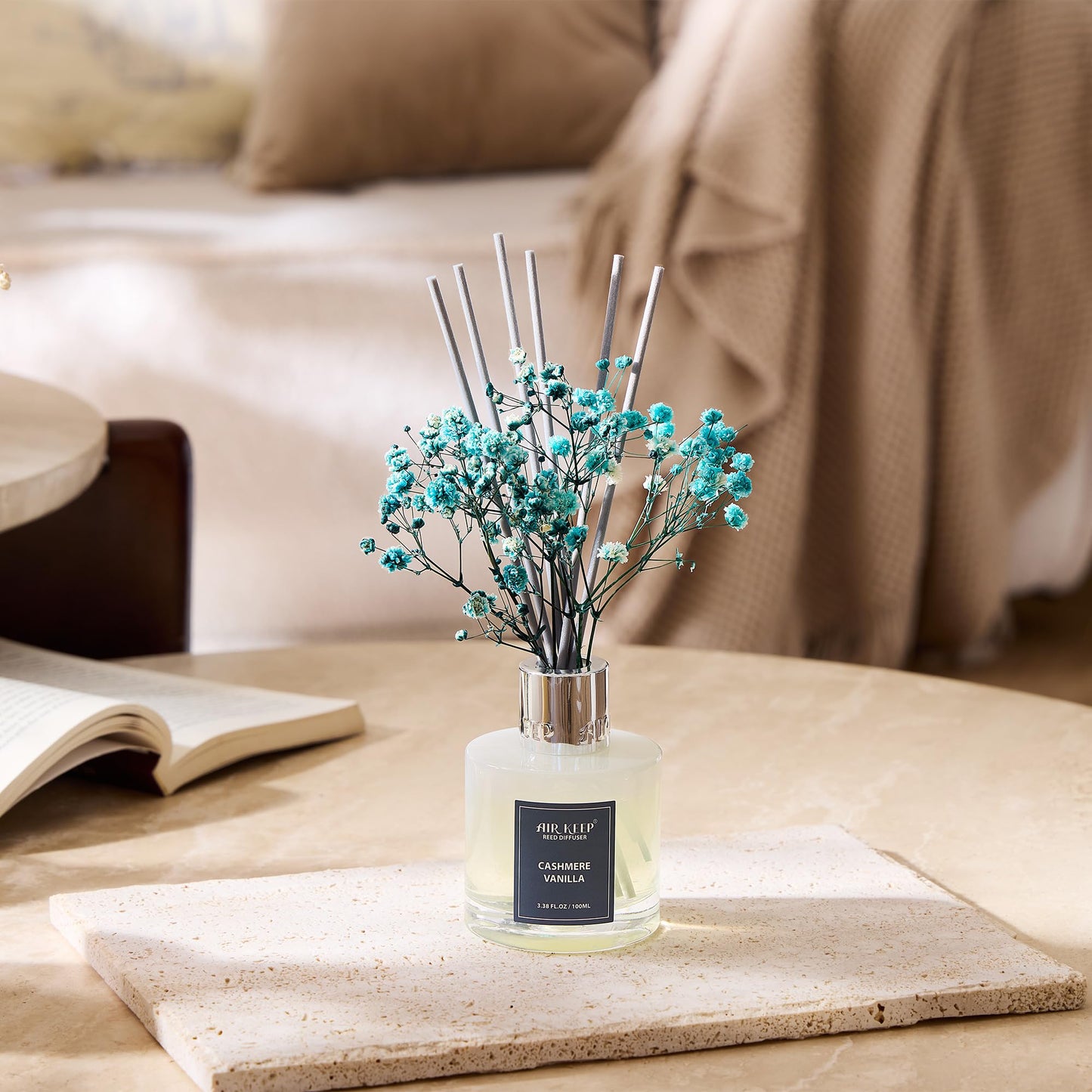 Airkeep Reed Diffuser Set,3.38 fl oz (100 ml) - Cashmere Vanilla Oil Diffusers with 8 Reed Sticks, Home Fragrance Reed Diffuser for Bathroom Shelf Decor