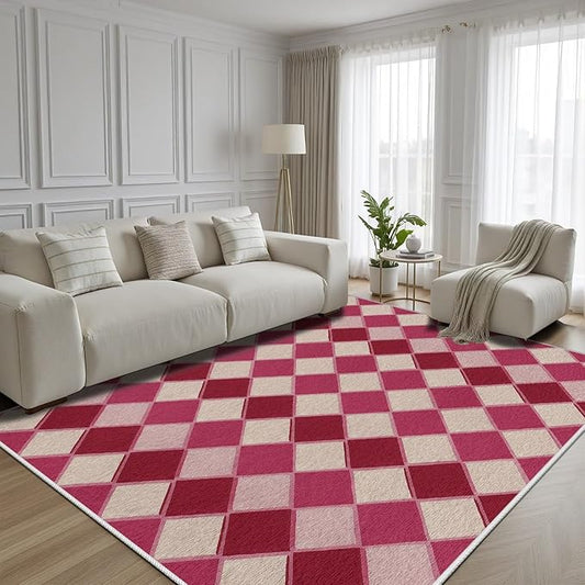 Plaid Rug, Soft Ultra Soft Faux Wool Rhombus Geometric Rugs, Indoor Floor Mats Carpet, Non Slip&Non-Shedding Low Pile Washable Rugs, Modern Red 4x5 Area Rug for Bedroom Home Decor
