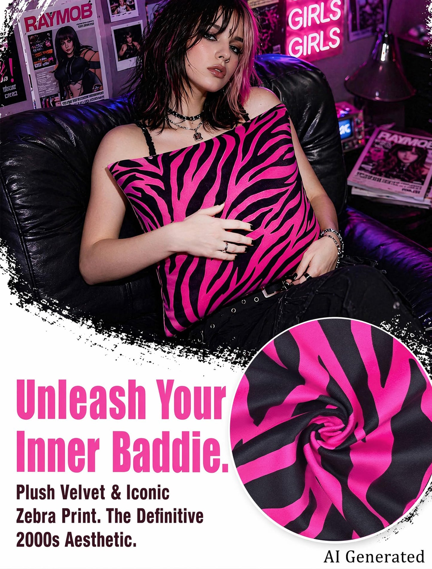 Pecfamly Y2K Pink and Black Zebra Print Throw Pillows (Covers Only No Pillow Inserts) Hot Pink Mcbling Trashy Y2K 2000S Baddie Scene Room Bedroom Decor for Teen Girls Women