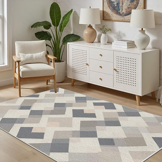 Modern Area Rug Living Room Rugs 6x9, Minimalist Soft Boho Geometric Rug, Non-Slip Washable Low Pile Non Shedding Carpet for Bedroom Office Dining Room Kitchen Nursery, Gray Beige White