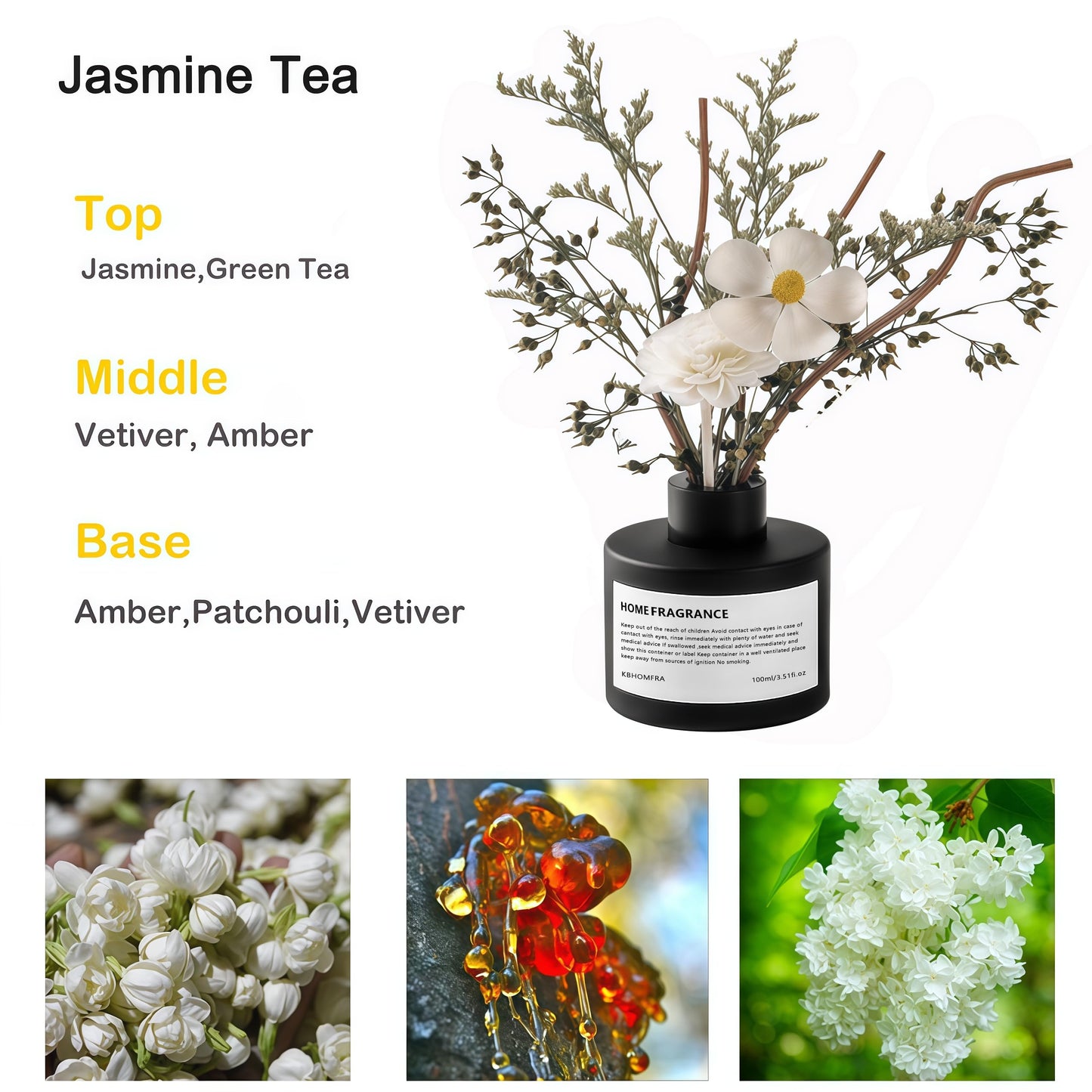 KBHOMFRA Reed Diffuser Set with Dried Flowers, 3.38fl.oz Fragrance Diffuser with Sticks, Scented Sticks Aroma Diffuser, Home & Office Décor for Air Fresheners, Bathroom (Jasmine Tea)