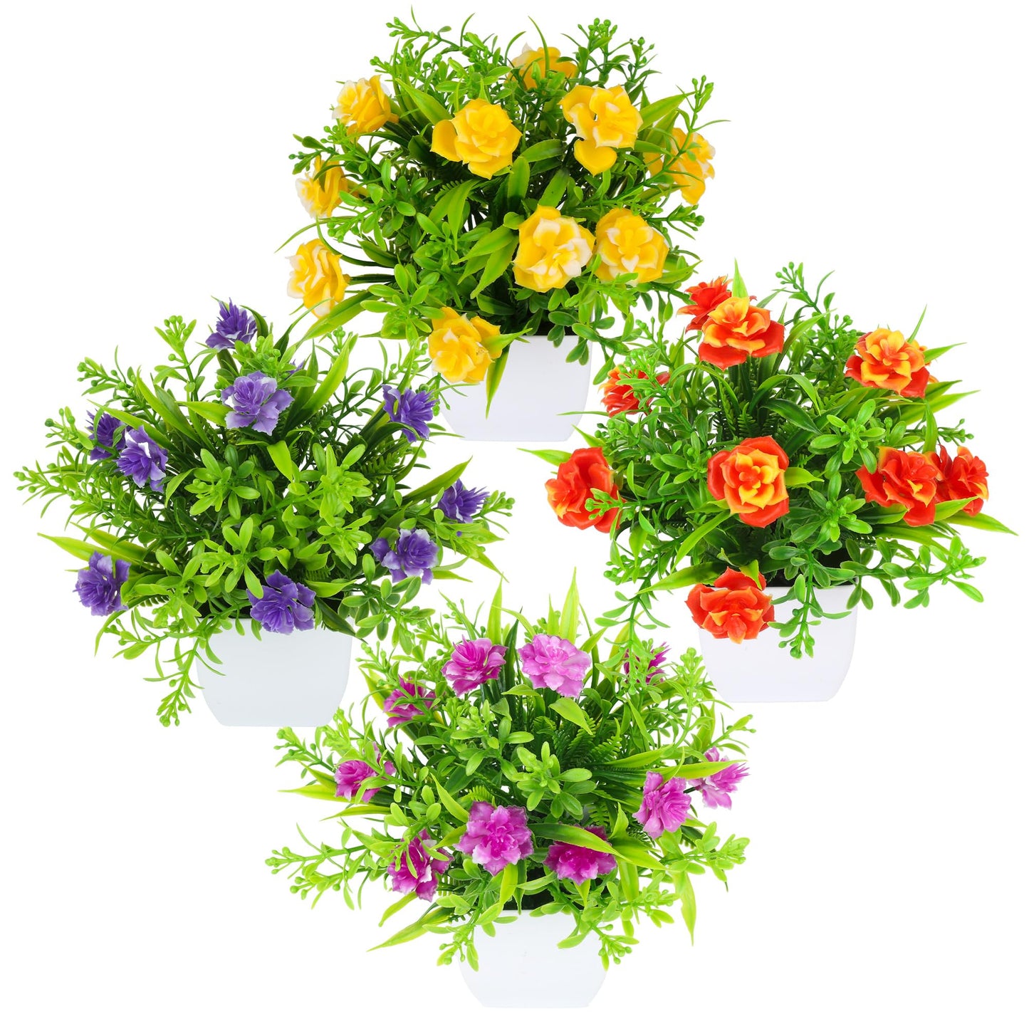 TerraVervre Fake Plants 4 Packs,Small Artificial Plants with Flowers, for Bathroom, Office,Home,Conference Table Decor, Indoor Desk Décor