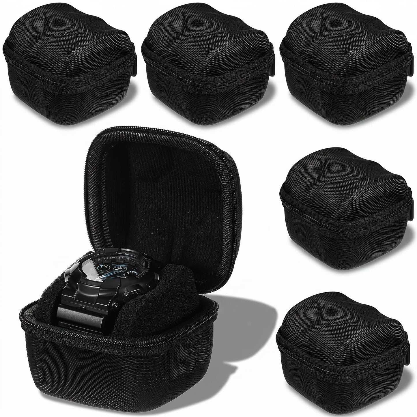 moheaaei 6 Pack Single Hard Watch Travel Case, Black Hard Watch Travel Box Bulk for Men, Portable Organizer with Custom Pillow Fits Wristwatches & Smartwatches up to 55mm, Durable EVA Protection