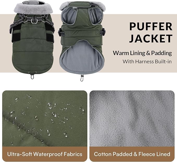 Queenmore XXXL Dog Coats for Extra Large Dogs Winter with Harness Built-in, Warm Waterproof Snow Jacket Large, Cold Weather Outdoor Coat - Fleece Lining Hook & Loop Closure Reflective Easy On, Green