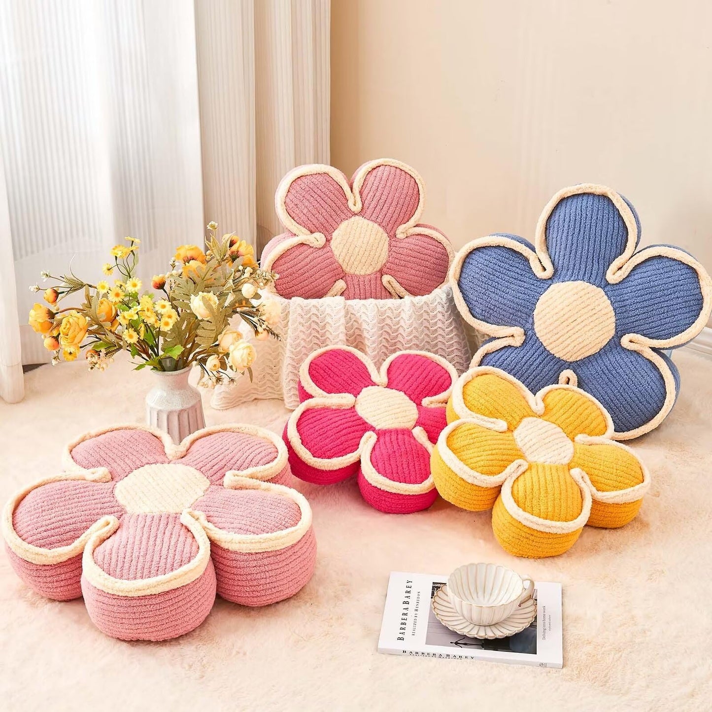 Kcvvcr Flower Pillow, Soft Flower Shaped Floor Cushion, Flower Decorative Throw Pillow, Cute Flower Seating Cushion, Flower Room Décor Plush Pillows for Sofa Couch Bed (13.7 Inch, Pink)