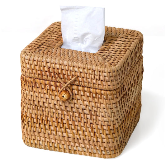 Rattan Tissue Box Cover Square, Handwoven Wicker Tissue Box Holder with Hinged Top Lid, Decorative Tissue Holders for Bathroom Living Room Kitchen Office, Natural