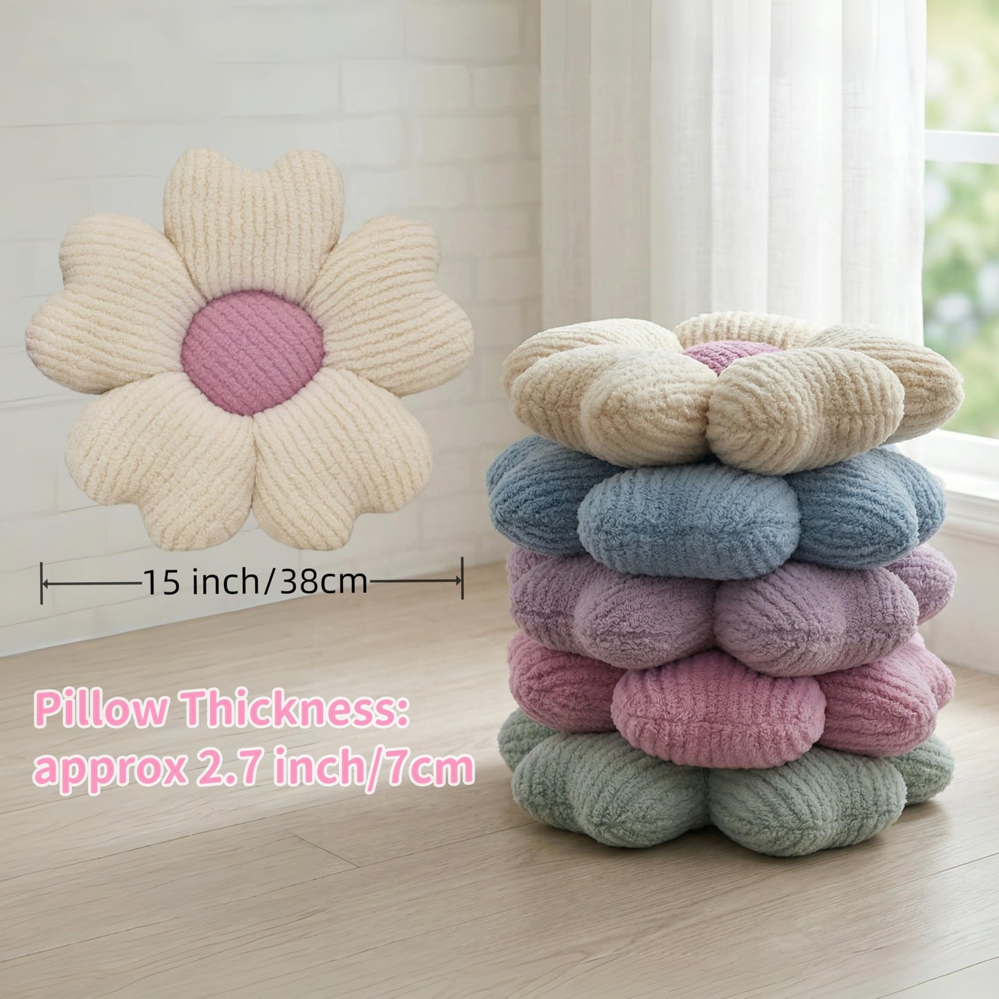 JZNEXD 2 Pcs Sage Green Decorative Throw Pillows, 15'' Cute Daisy Flower Shaped Pillow Floor Seating Cushion for Bed Couch Bedroom Room Dorm Decor (Sage Green & Ivory)