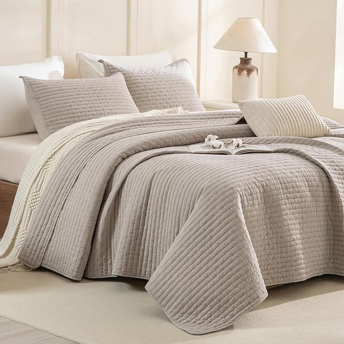 Sanracie Stonewashed Cotton Coverlet Oversized King(102"x118"), Linen Colored Cross Stitch Pattern Quilt Sets 3Pcs Ultra Soft Lightweight Crinkle Bed Coverlet Set for All Season