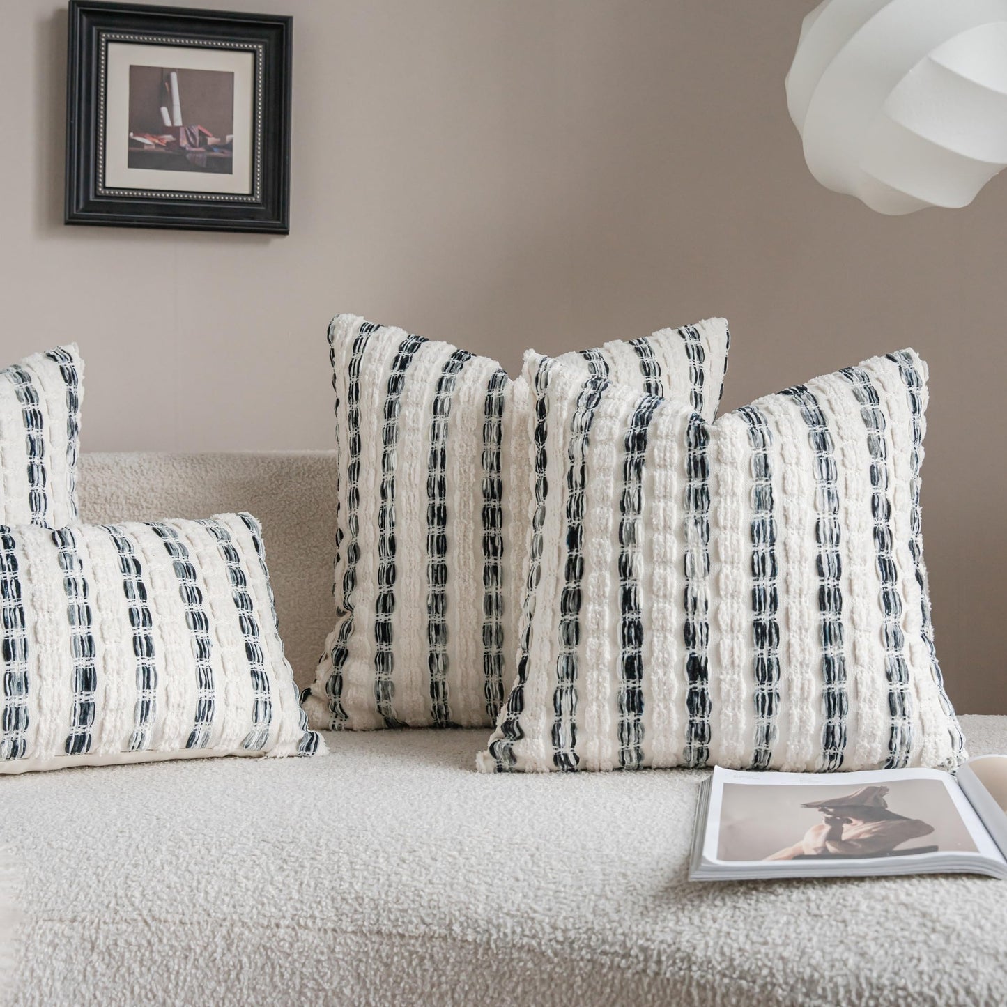 Caflife Boho Throw Pillow Covers 22x22 Inch Set of 2, Farmhouse Black Striped Textured Chenille Decorative Couch Pillow Cases, Rustic Accent Cushion Covers for Sofa Bed Living Room Bedroom