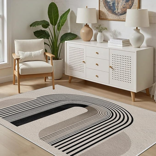 Modern Washable Rug for Living Room 2x3, Boho Abstract Striped Area Rugs, Soft Non Slip Low Pile Farmhouse Carpet for Bedroom Dining Room Kitchen, Stain Resistant, Pet Friendly, Beige Black