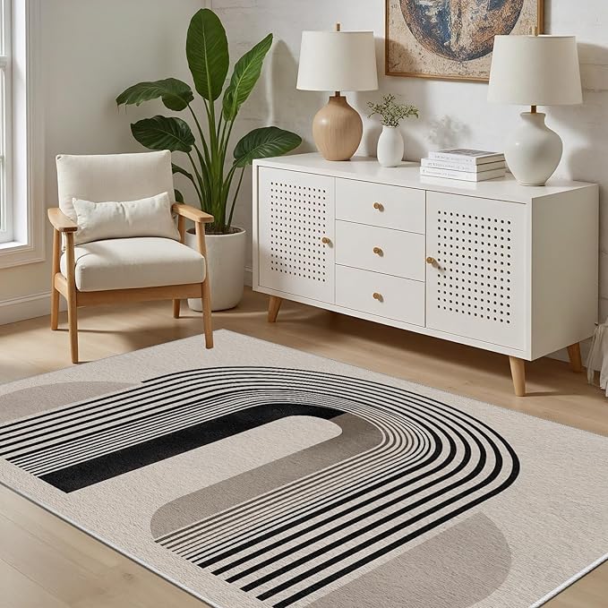 Modern Washable Rug for Living Room 8x10, Boho Abstract Striped Area Rugs, Soft Non Slip Low Pile Farmhouse Carpet for Bedroom Dining Room Kitchen, Stain Resistant, Pet Friendly, Beige Black
