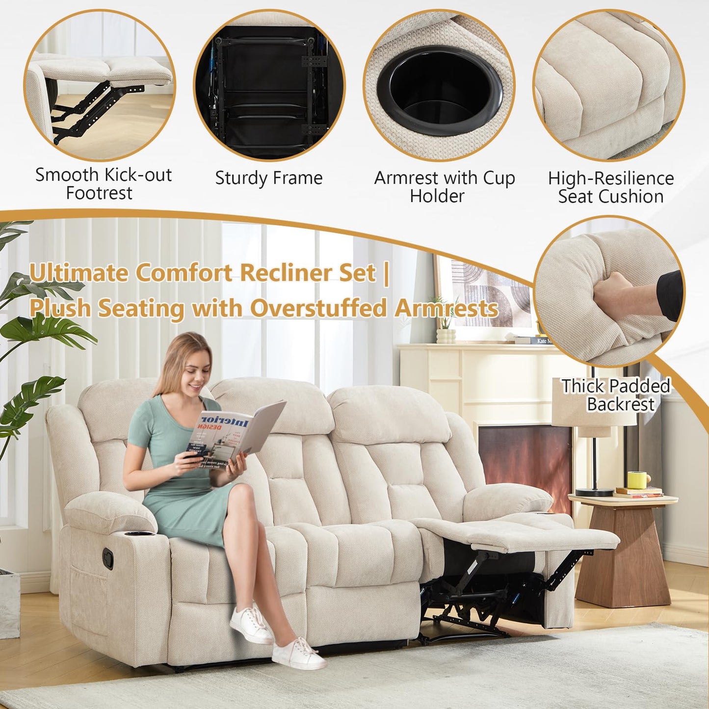 ANJ Manual Recliner Sofa,Chenille Fabric Reclining 3-Seat Living Room Furniture Sets with Cup Holders,Side Pocket,Wall-Hugger Design for Living Room Home Theater Bedroom RV,Beige