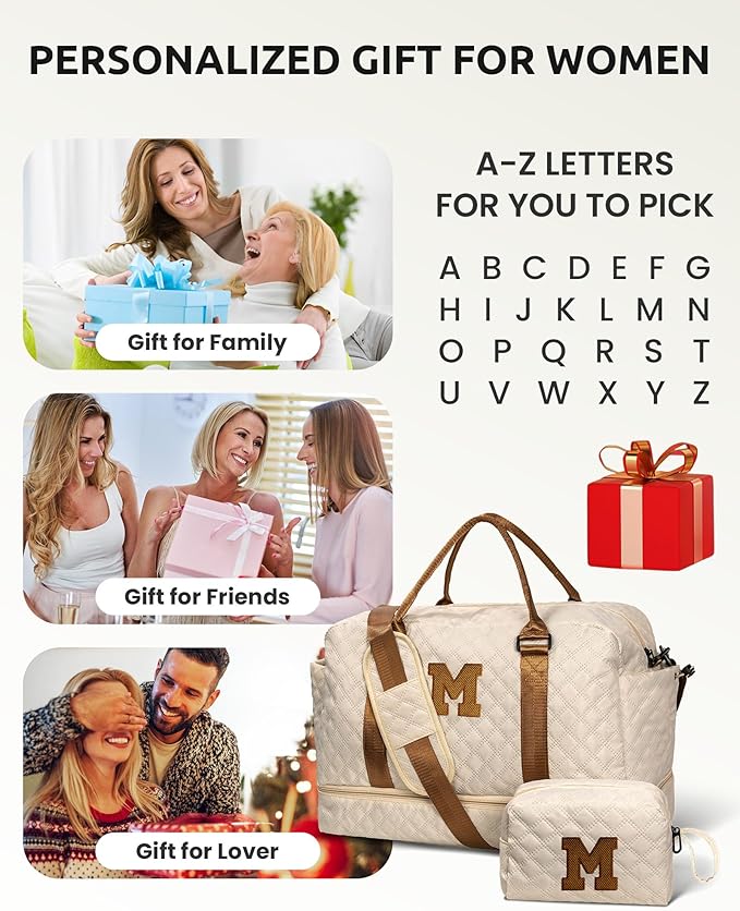 Vogewood Gifts for Mom-Initial Duffle Bag with Shoe Compartment, Personalized Weekender Bag, Monogram Overnight Bag, Letter Travel Bag with Makeup Bag，Personalized Gifts Idea for Women Her (Letter F)