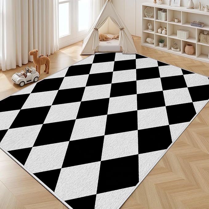 Checkered Rug, Black White Rug, Washable Rugs 6x9, Geometric Rhombus Plaid Area Rugs, Grid Gingham Carpet for Living Room Non Slip Home Decor