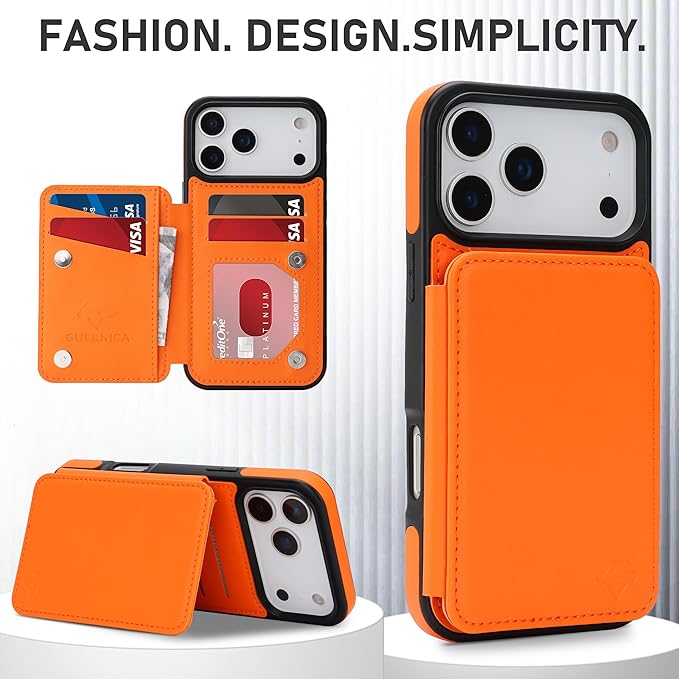 GUERNICA for iPhone 17 Pro (6.3") Case Wallet with Card Holder, RFID Blocking Leather Protection, Shockproof Women Men Phone Case for Apple 17 Pro, Orange