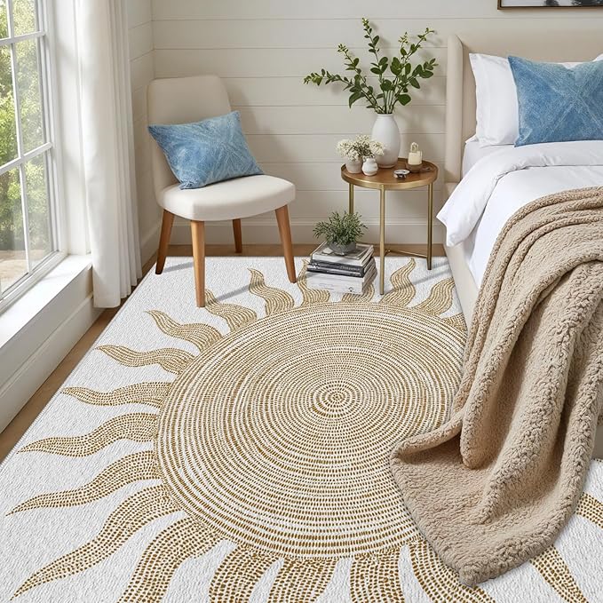 Boho Washable Rugs for Bedroom 5x8, Modern Sun Print Soft Minimalism Area Rug, Non Slip Low Pile Abstract Carpet for Classroom Living Room Decor Dining Room Sofa Kids Nursery Room, Beige Yellow
