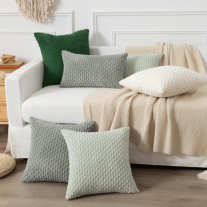 Kevin Textile Throw Pillow Covers Soft Corduroy Decorative Set of 2 Boho Striped Pillow Covers Pillowcases Farmhouse Home Decor for Couch Bed Sofa Living Room 22x22 Inch Greyish Green