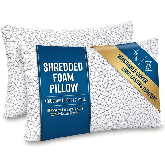 Meoflaw Adjustable Memory Foam Pillows: 2 Pack Queen Size Shredded Foam Bed Pillow for Sleeping with Removable & Washable Pillowcase for All Sleep Positions
