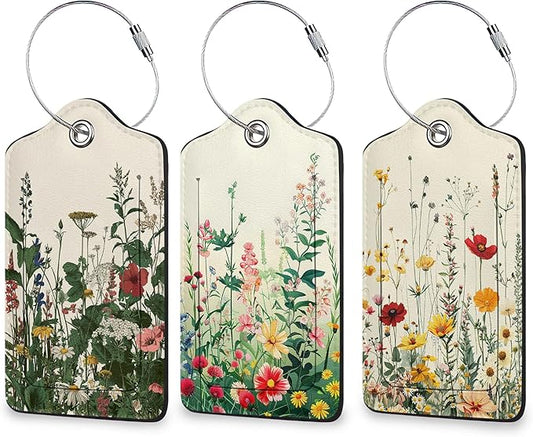 Floral Luggage Tags for Suitcases, 3 Pack Leather Bag Tag Identifiers with Stainless Steel Loop and Address Card for Men Women