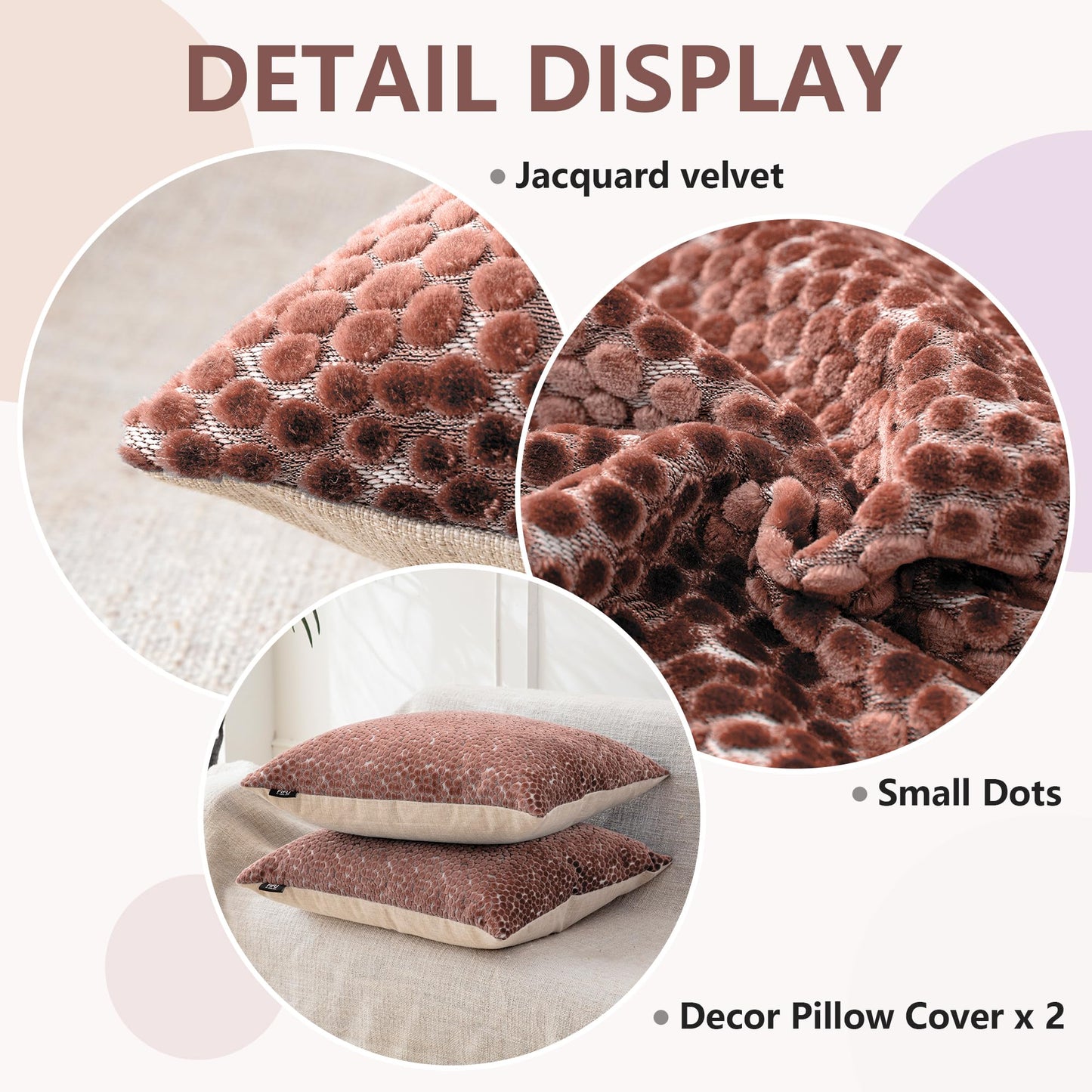 FIFU 18x18 Inch Throw Pillow Cover Set of 2 - Jacquard Velvet Cut-Pile with Linen-Look Back, Invisible Zipper, Soft Decorative Cushion Case for Couch Sofa Bedroom Living Room, Machine Washable, Pink