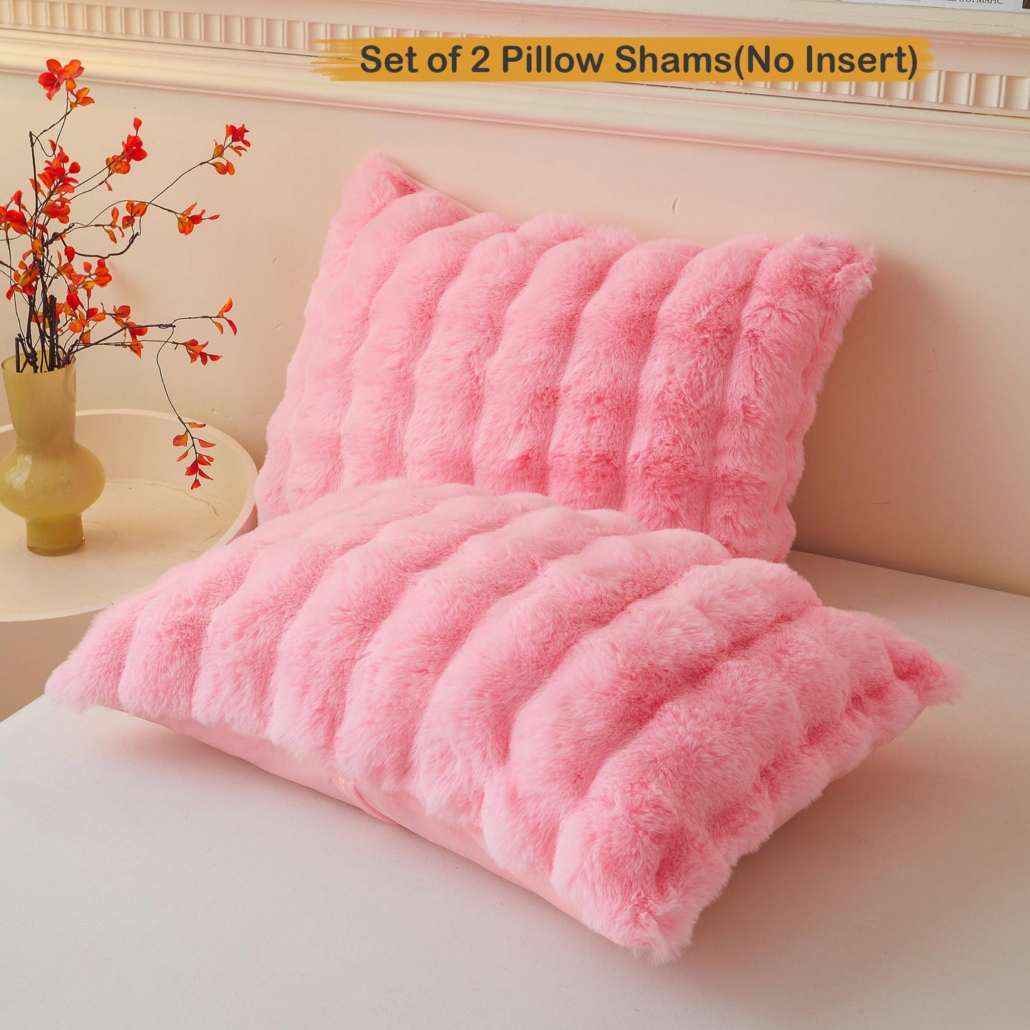 LIFEREVO Pack of 2 Fluffy Faux Rabbit Fur Pillowcases, Elegant Cute Plush Shaggy Bubble Bed Pillow Cases Standard Size with Zipper Closure, Home Decorative Furry Fuzzy Long Pillow Shams 20x26, Pink