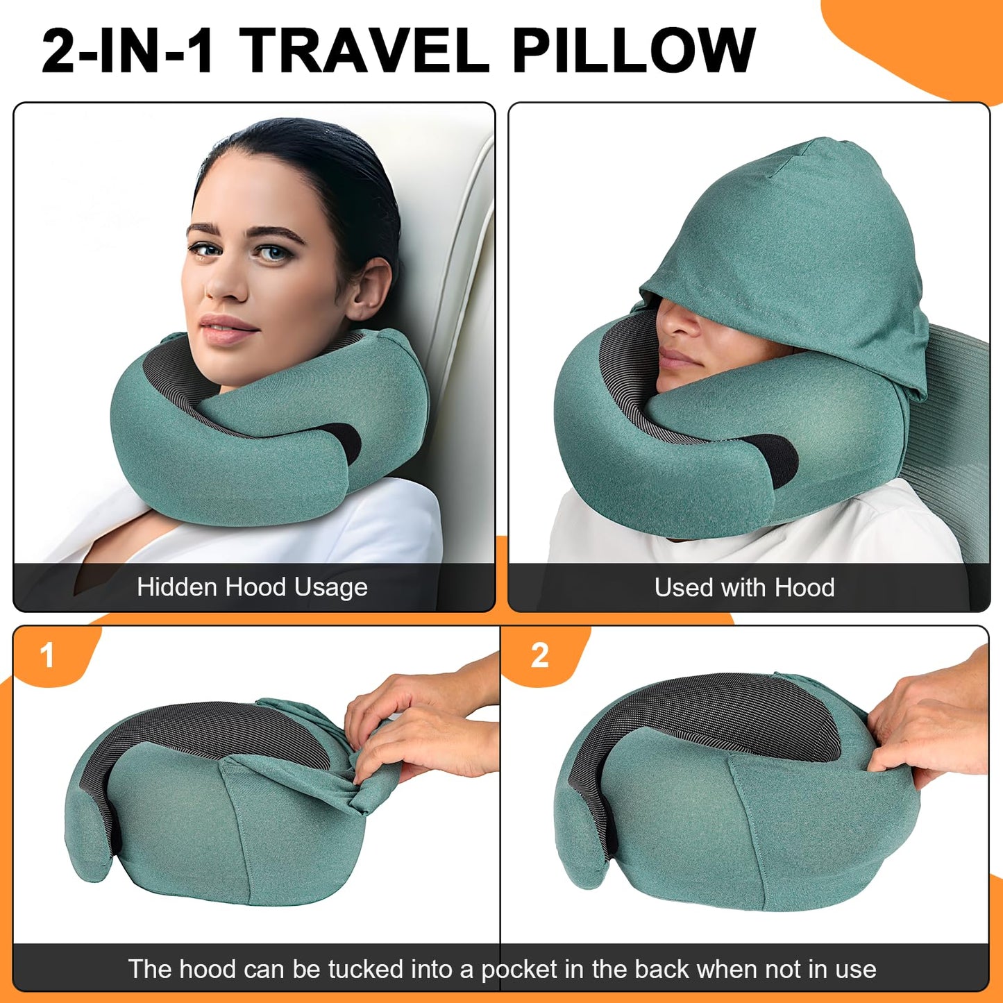 Vzpeun Travel Pillow - Hooded Neck Pillow Airplane Memory Foam Filling for Plane, Office, Cars Sleeping, Road Trip, Long Flights, Airplane Travel Essentials, Includes Eye Mask & Earplugs (Green)