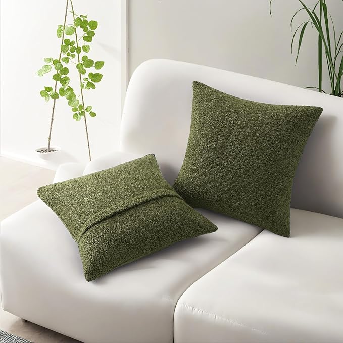 HAUSSY Set of 2 22x22 Decorative Throw Pillow Covers, Soft Cozy Textured Boucle Couch Cases, Home Decor for Couch Bed Living Room, Moss Green