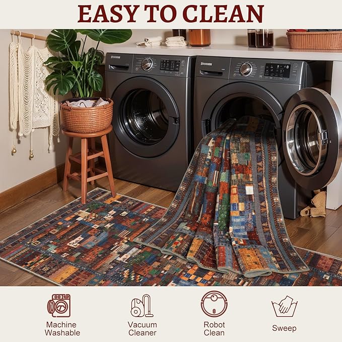 Tangsoo 3x5 Washable Rug, Vintage Throw Rugs Non Slip, Soft Low Pile Floor Rug Tribal Indoor Area Rugs Carpet for Living Room Bedroom Office Laundry Bedside Entrance Entryway(Red Multi)