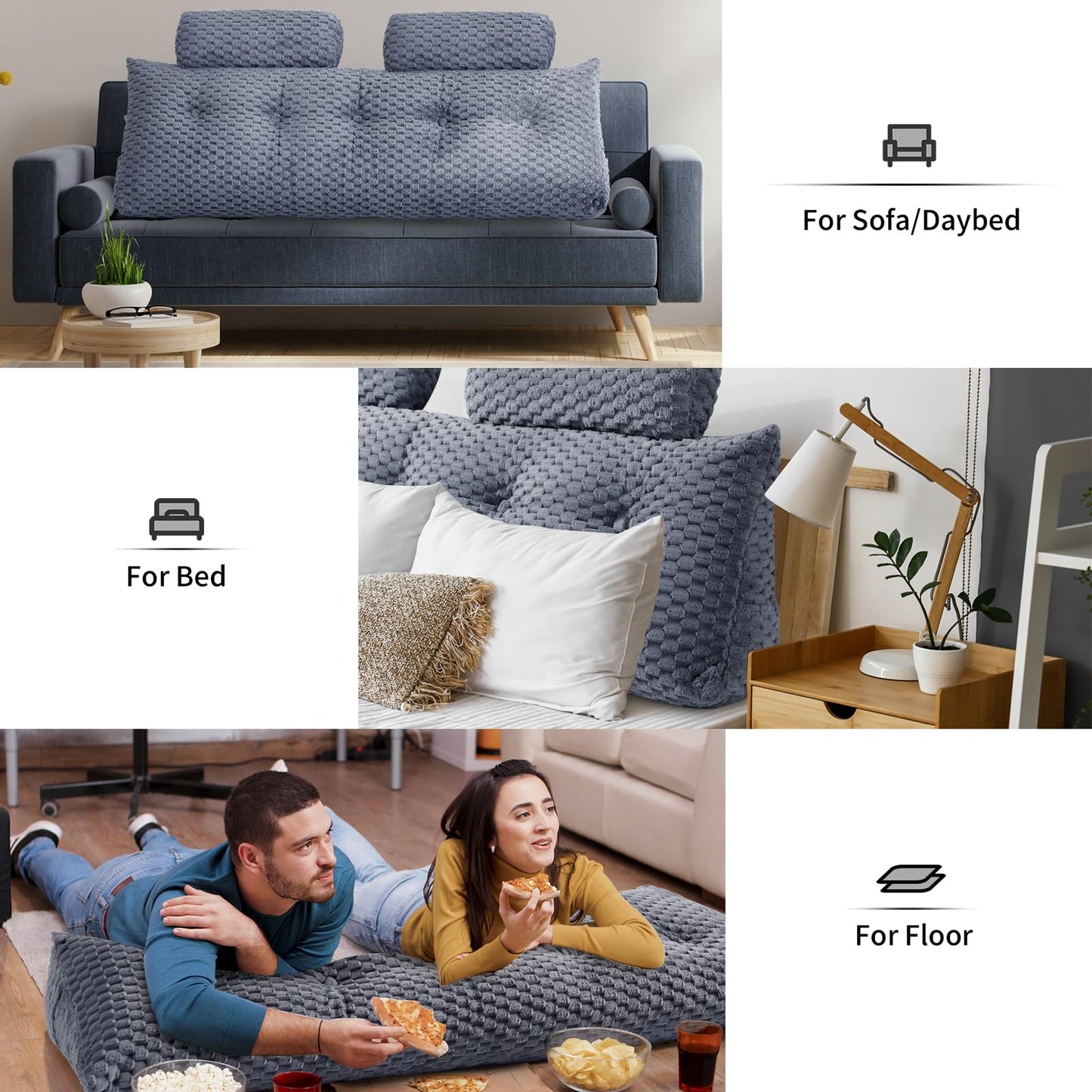 Wedge Headboard Pillow Queen- Bed Wedge Pillow for Headboard Triangular Headboard Pillow with Neck Roll Pillow-Large Bolster for Sitting in Bed Backrest Positioning Support (Grey,59x8x20 Inches)