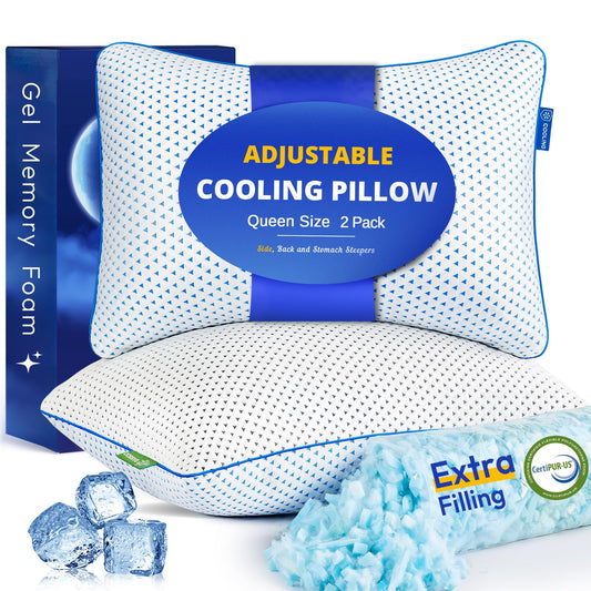 Cooling Gel Memory Foam Pillows Queen Size Set of 2 for Sleeping, Breathable Adjustable Firm Shredded Foam Cool Bed Pillows 2 Pack for Side, Back, Stomach, Hot Sleepers Soft Yet Support, CertiPUR-US