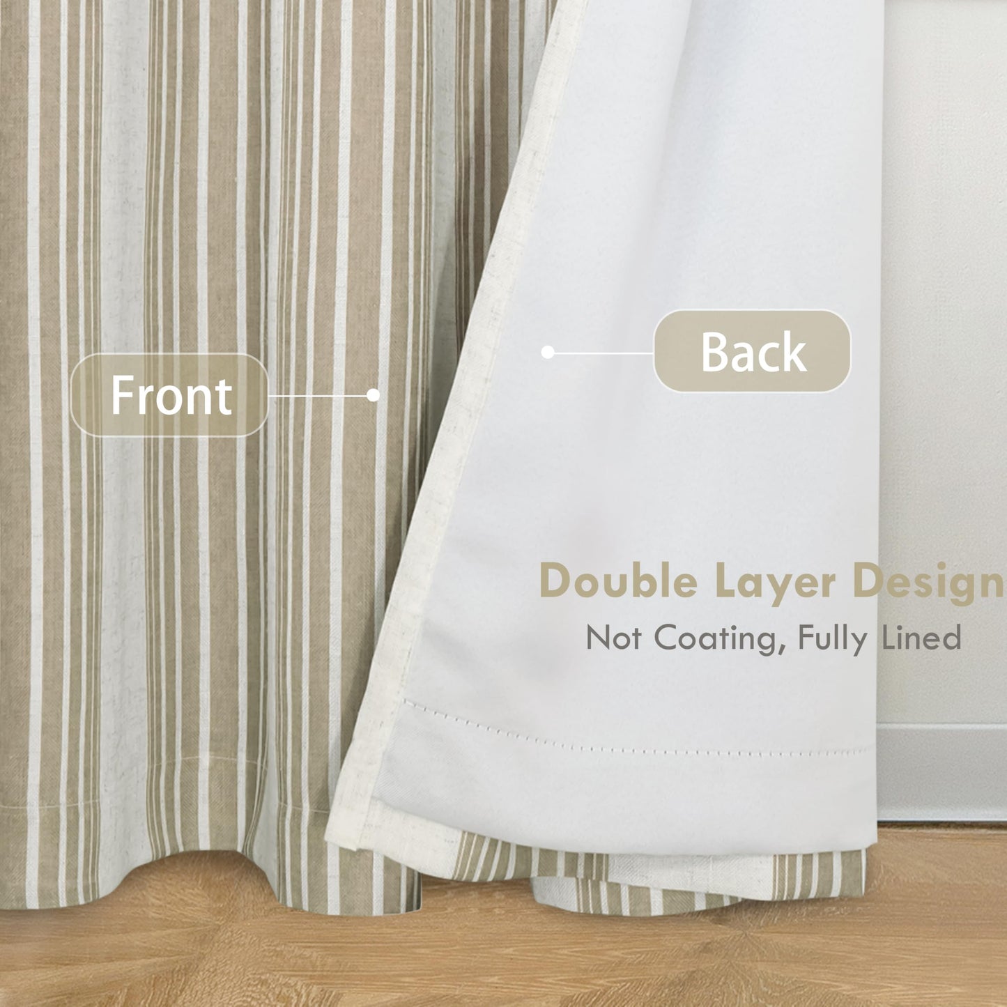 DriftAway Chris Linen 100% Blackout Curtains with Thermal and Sound Reducing Layer 96 Inch Long for Bedroom Striped Printed Drapes Thermal Insulated Lined Window Treatments for Living Room Camel Beige
