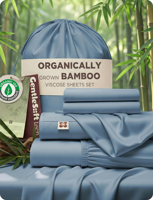 Bedsure 100% Organically Grown Bamboo Viscose Queen Sheet Set | Cooling Bedsheets for Hot Sleepers | Luxury Silky Soft PureWoven | 18" Deep Pocket with Corner Straps | Oeko-Tex [Mineral Blue]