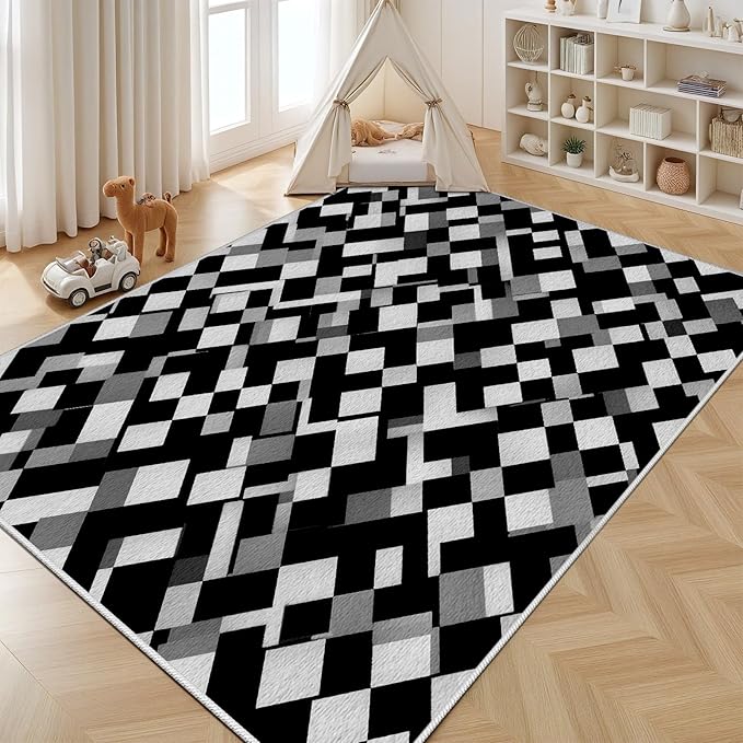 Black White and Grey Rug - Geometric Area Rug, Area Rugs 4x5, Modern Abstract Rugs, Irregular Block Splicing Carpet Washable Non Slip Home Decor Carpet for Living Room