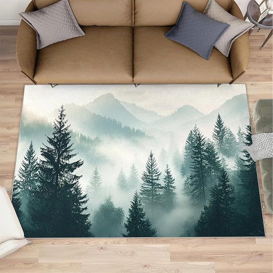 Misty Forest 5x6 Area Rug Natural Landscape Washable Rugs for Living Room Bedroom, Green Woods Soft Low Pile Non Slip Accent Floor Mat Print Throw Rug Indoor Carpet Dining Room Playroom